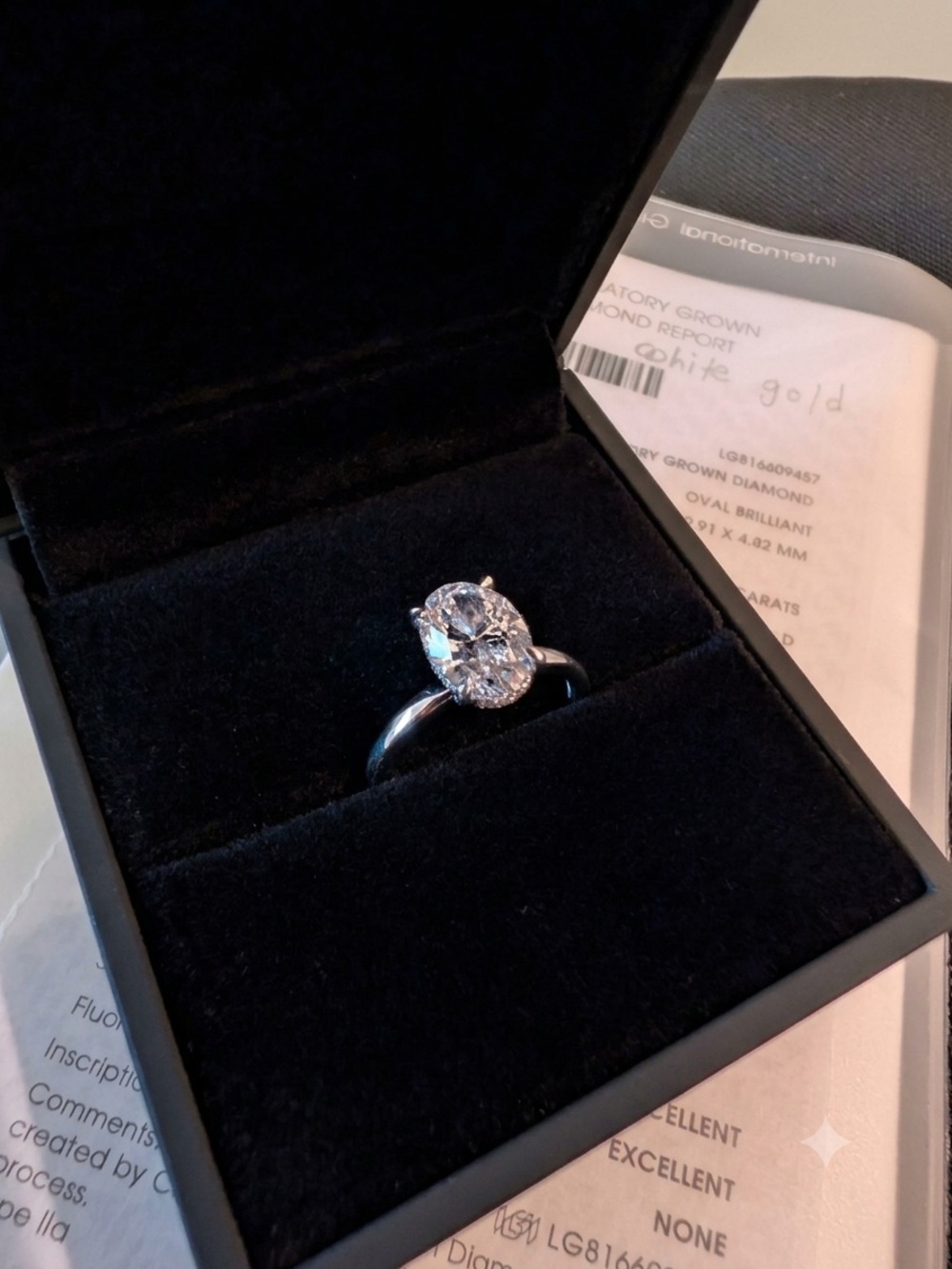 2 carat lab grown oval ring with hidden halo in 14k White Gold - size 6